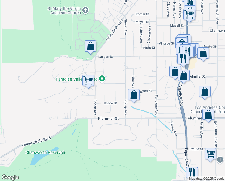 map of restaurants, bars, coffee shops, grocery stores, and more near 9651 Sagebrush Avenue in Los Angeles
