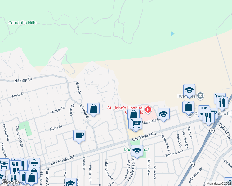 map of restaurants, bars, coffee shops, grocery stores, and more near 2803 Antonio Drive in Camarillo