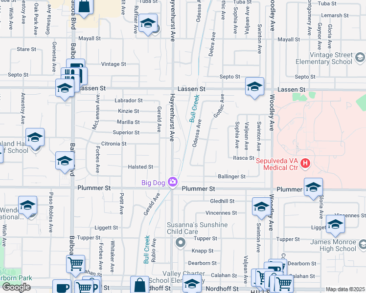 map of restaurants, bars, coffee shops, grocery stores, and more near 16539 Superior Street in Los Angeles