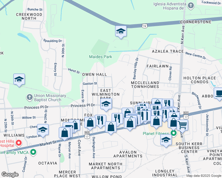 map of restaurants, bars, coffee shops, grocery stores, and more near 3809 Prices Lane in Wilmington