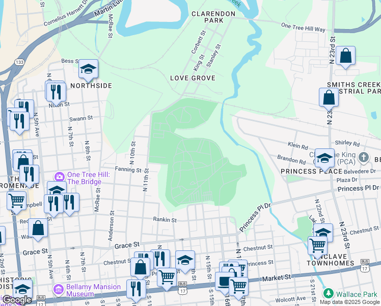 map of restaurants, bars, coffee shops, grocery stores, and more near 520 North 15th Street in Wilmington