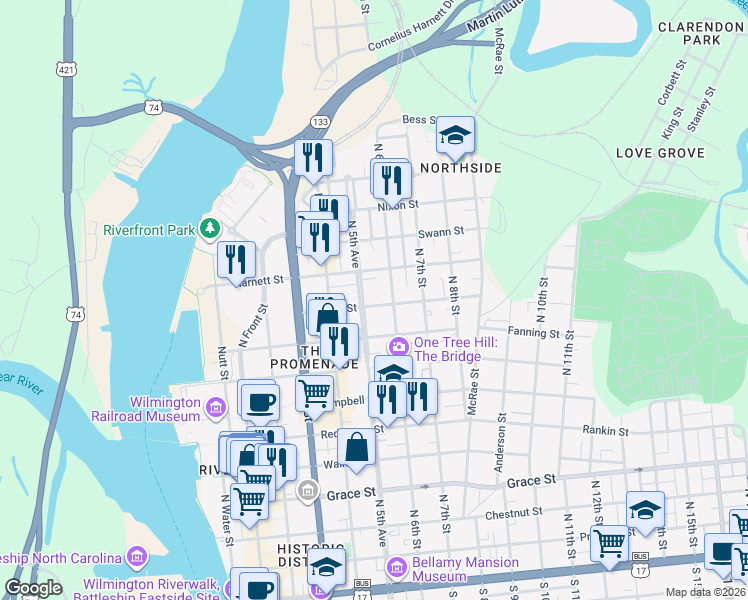 map of restaurants, bars, coffee shops, grocery stores, and more near 916 1/2 North 5th Avenue in Wilmington