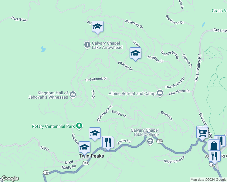 map of restaurants, bars, coffee shops, grocery stores, and more near 26146 Sky Ridge Drive in Twin Peaks