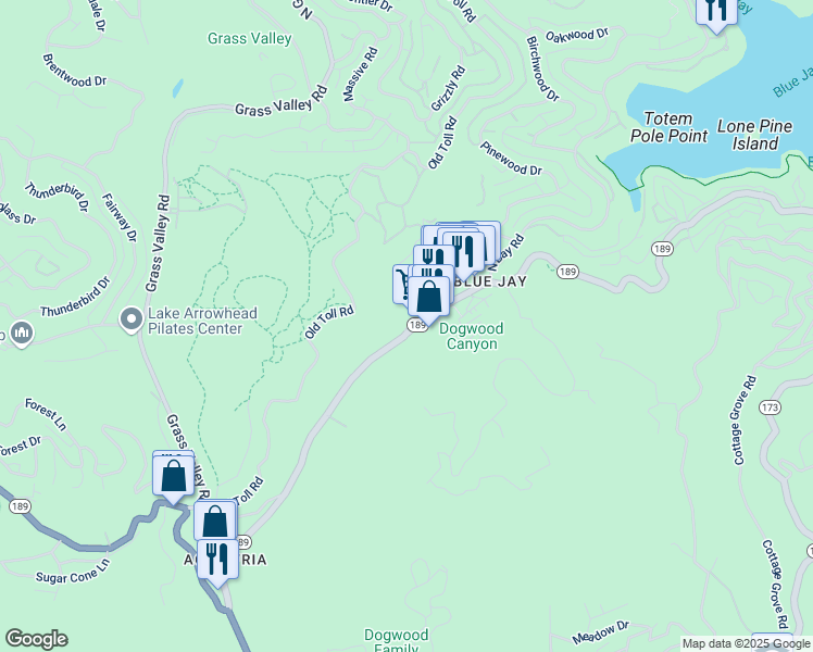 map of restaurants, bars, coffee shops, grocery stores, and more near 27162 California 189 in Lake Arrowhead