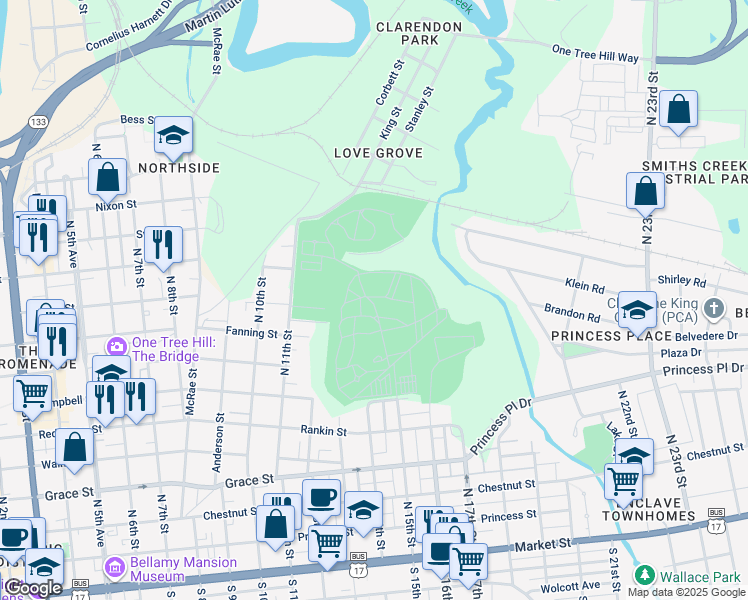 map of restaurants, bars, coffee shops, grocery stores, and more near 520 North 15th Street in Wilmington