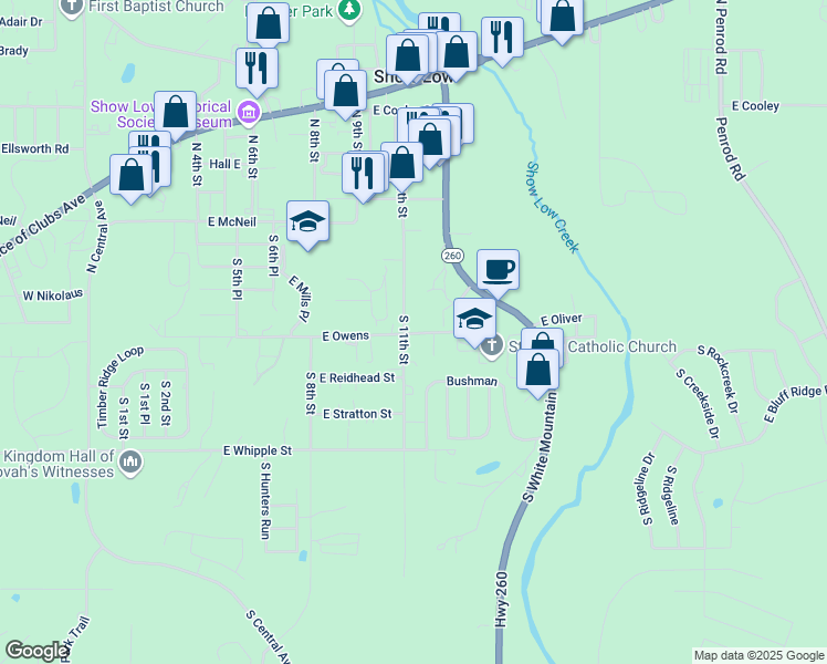 map of restaurants, bars, coffee shops, grocery stores, and more near 341 South 11th Street in Show Low