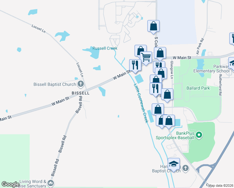 map of restaurants, bars, coffee shops, grocery stores, and more near 4147 Main Street in Tupelo