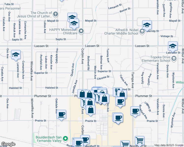 map of restaurants, bars, coffee shops, grocery stores, and more near 19610 Superior Street in Los Angeles