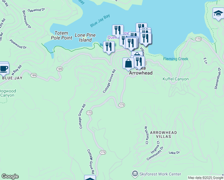 map of restaurants, bars, coffee shops, grocery stores, and more near 27942 Rainbow Drive in Lake Arrowhead
