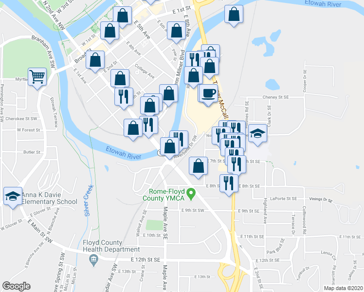 map of restaurants, bars, coffee shops, grocery stores, and more near 7 Riverbend Dr in Rome