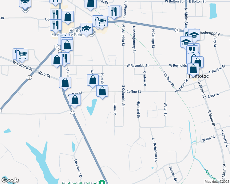 map of restaurants, bars, coffee shops, grocery stores, and more near 60 Lana Street in Pontotoc