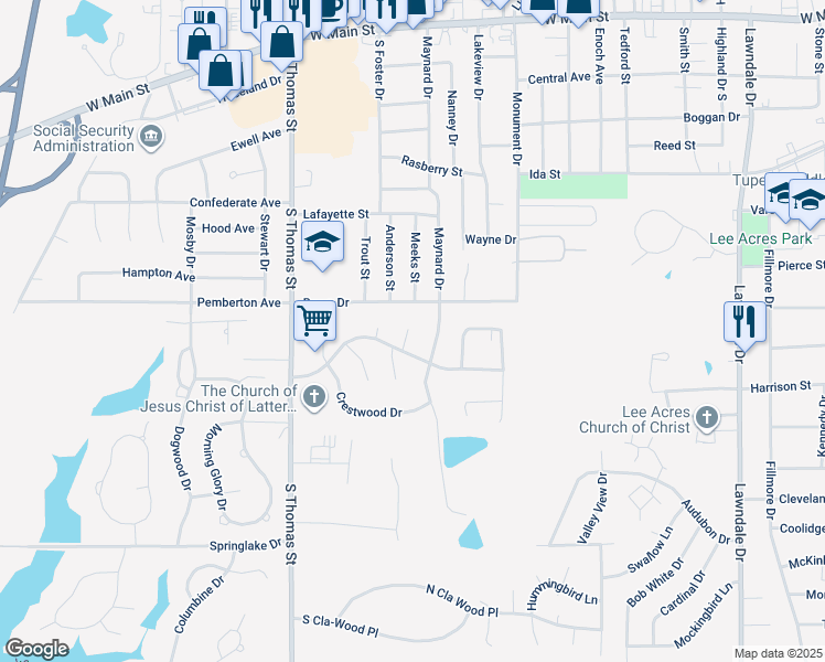 map of restaurants, bars, coffee shops, grocery stores, and more near 199 Maywood Cir in Tupelo