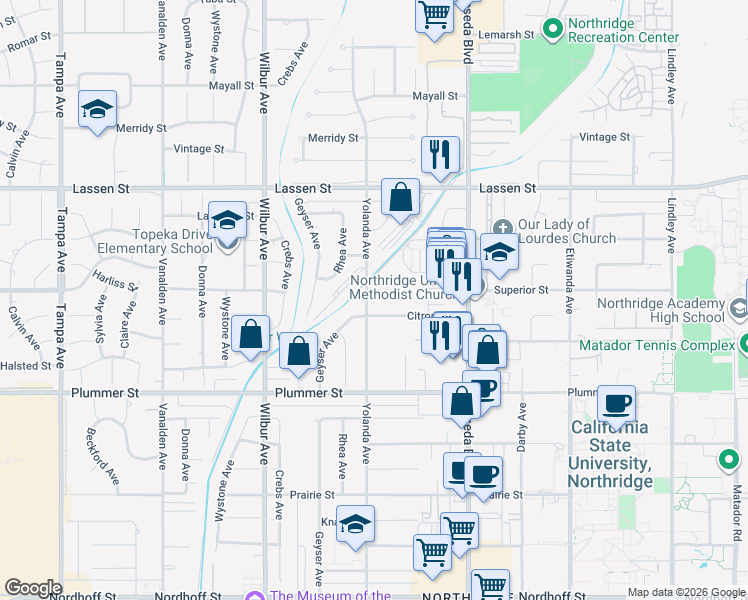 map of restaurants, bars, coffee shops, grocery stores, and more near 9642 Yolanda Avenue in Los Angeles