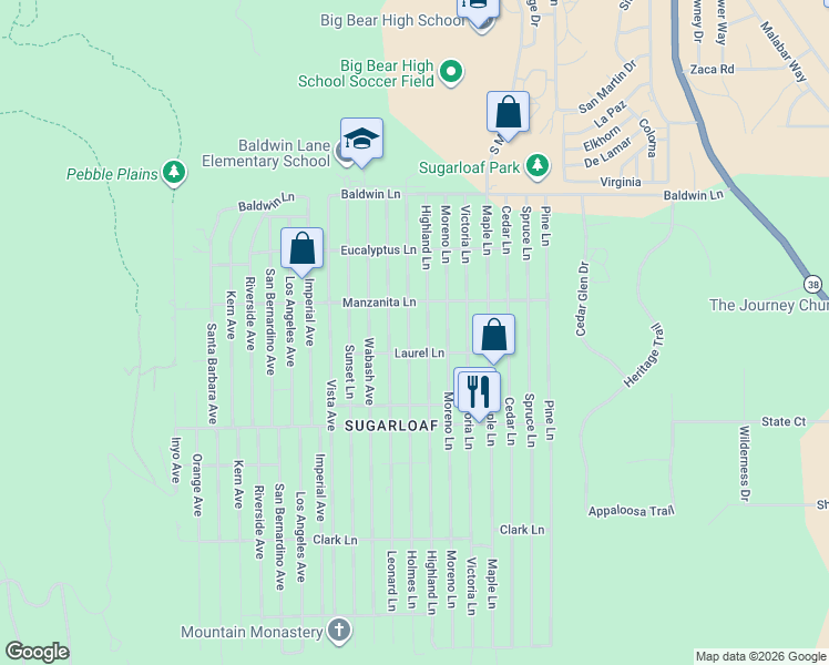 map of restaurants, bars, coffee shops, grocery stores, and more near 343 Holmes Lane in Big Bear