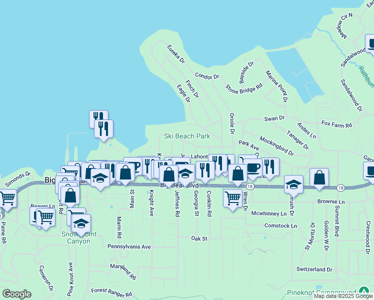 map of restaurants, bars, coffee shops, grocery stores, and more near 341 Jeffries Road in Big Bear Lake