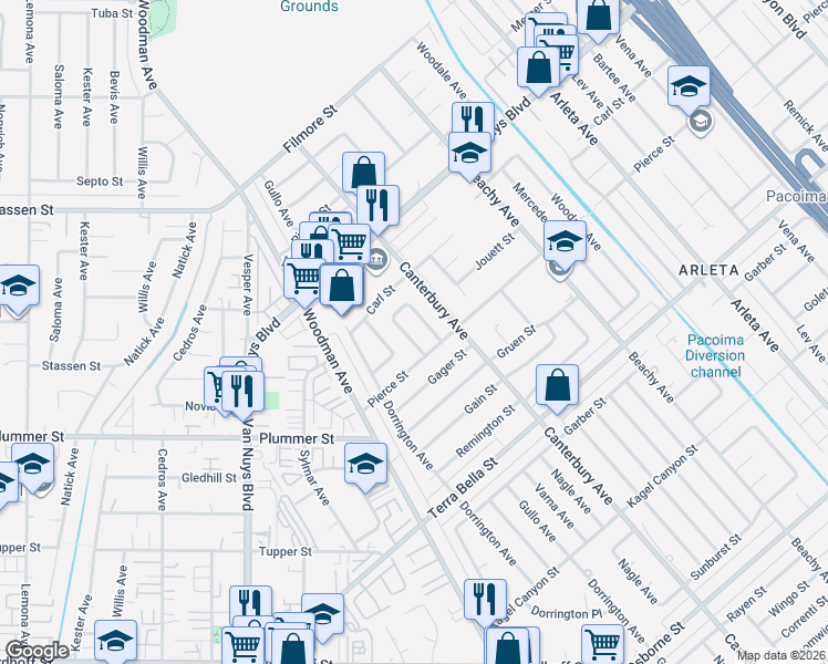 map of restaurants, bars, coffee shops, grocery stores, and more near 9664 Varna Avenue in Los Angeles