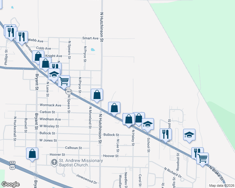 map of restaurants, bars, coffee shops, grocery stores, and more near 1717 Bush Street in Pine Bluff
