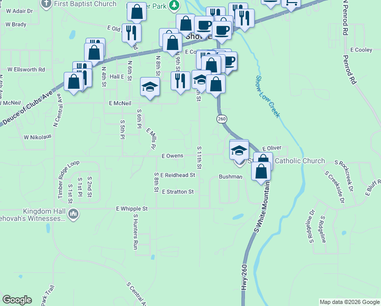 map of restaurants, bars, coffee shops, grocery stores, and more near 1080 East Owens in Show Low