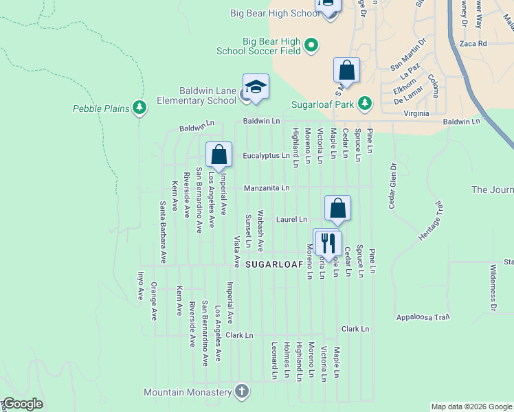 map of restaurants, bars, coffee shops, grocery stores, and more near 321 Sunset Lane in Big Bear