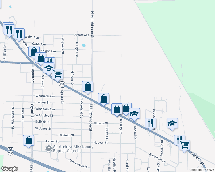 map of restaurants, bars, coffee shops, grocery stores, and more near 1717 Bush Street in Pine Bluff