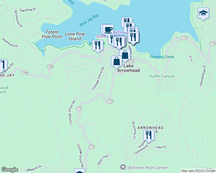 map of restaurants, bars, coffee shops, grocery stores, and more near 27992 Rainbow Drive in Lake Arrowhead
