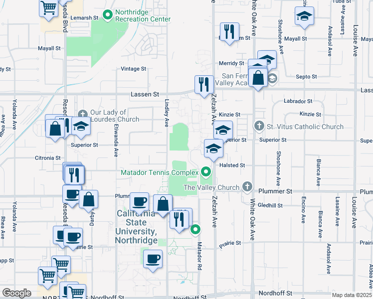 map of restaurants, bars, coffee shops, grocery stores, and more near 18111 Nordhoff Street in Los Angeles