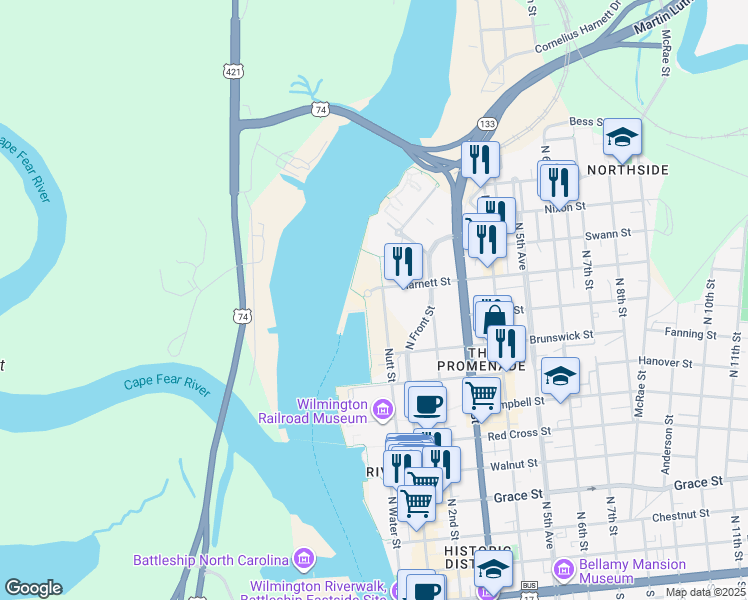 map of restaurants, bars, coffee shops, grocery stores, and more near 100 Harnett Street in Wilmington