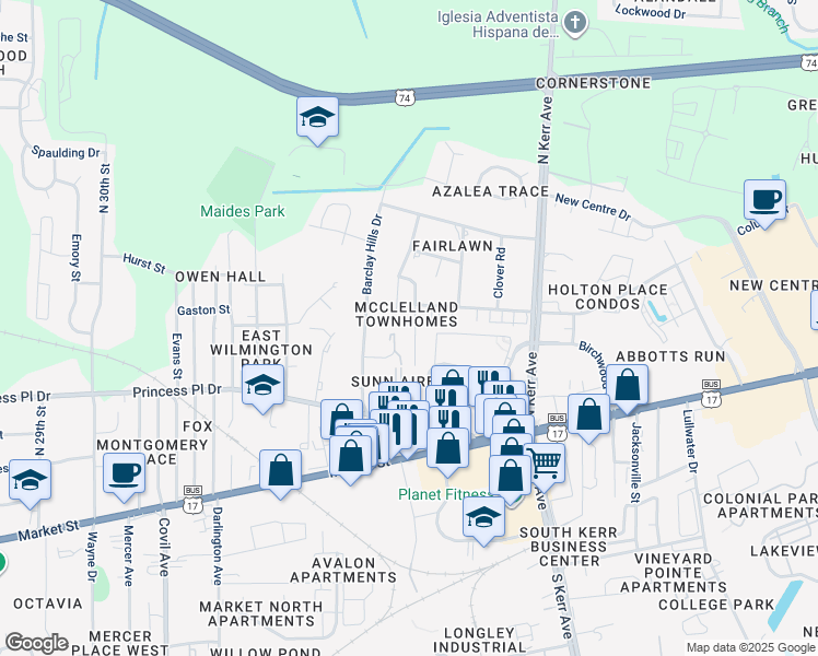 map of restaurants, bars, coffee shops, grocery stores, and more near 331 Saint Rosea Road in Wilmington