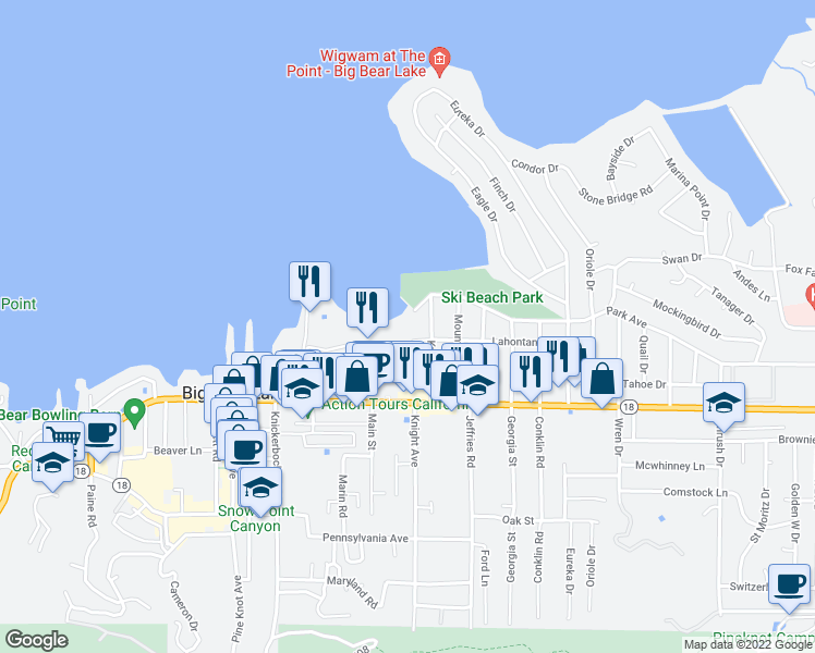 map of restaurants, bars, coffee shops, grocery stores, and more near 344 Knight Avenue in Big Bear Lake