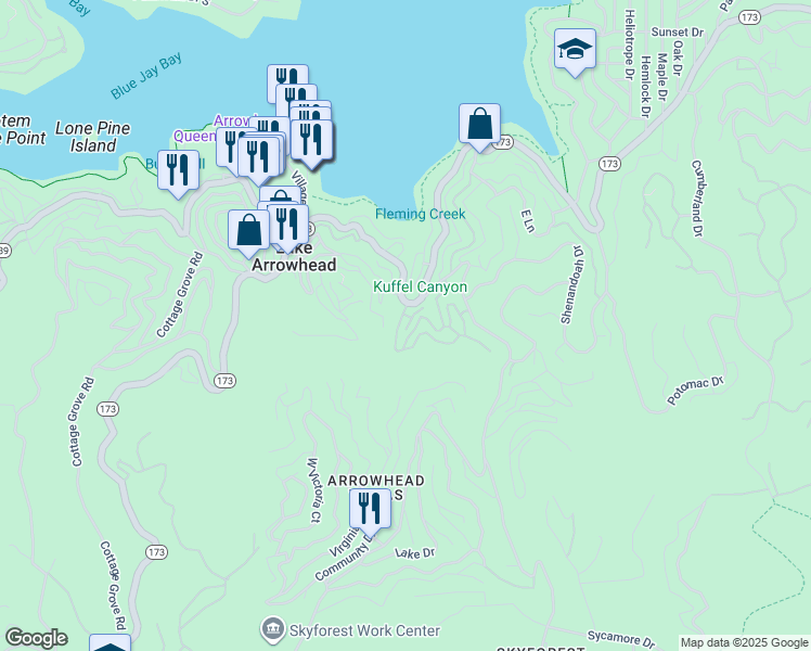 map of restaurants, bars, coffee shops, grocery stores, and more near 206 Cool Creek Lane in Lake Arrowhead
