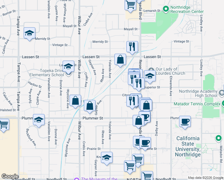map of restaurants, bars, coffee shops, grocery stores, and more near 9642 Yolanda Avenue in Los Angeles
