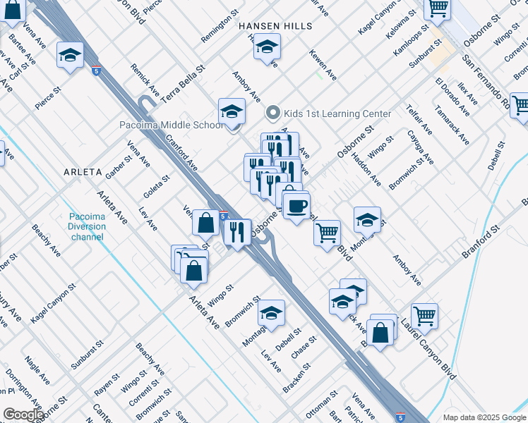 map of restaurants, bars, coffee shops, grocery stores, and more near 9713 Remick Avenue in Los Angeles
