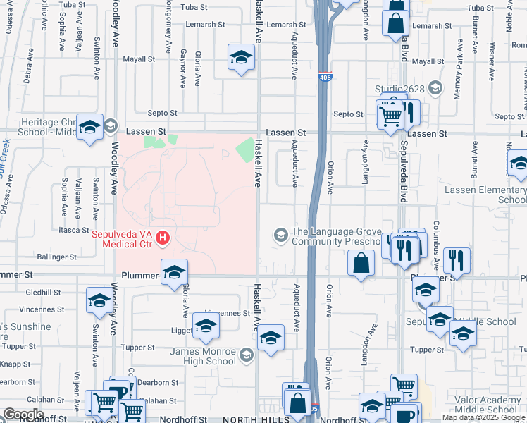 map of restaurants, bars, coffee shops, grocery stores, and more near 9658 Haskell Avenue in Los Angeles