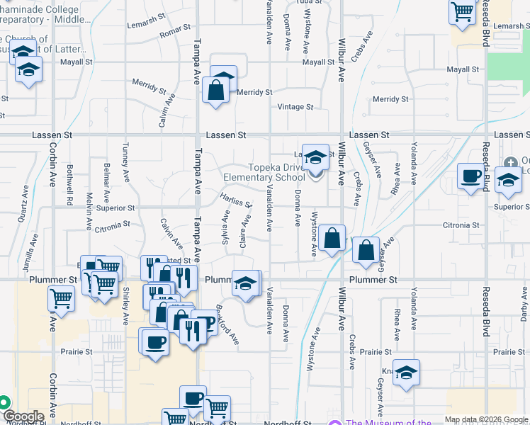 map of restaurants, bars, coffee shops, grocery stores, and more near 9659 Vanalden Avenue in Los Angeles