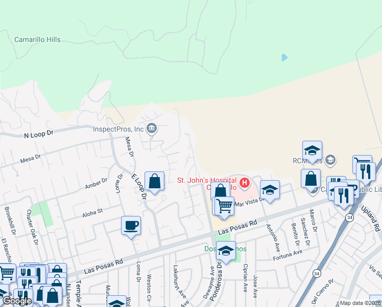 map of restaurants, bars, coffee shops, grocery stores, and more near 2803 Antonio Drive in Camarillo