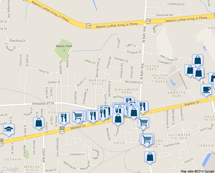 map of restaurants, bars, coffee shops, grocery stores, and more near 339 Saint Rosea Road in Wilmington