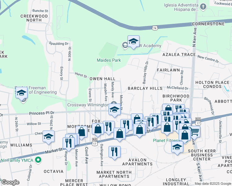 map of restaurants, bars, coffee shops, grocery stores, and more near 509 Manly Avenue in Wilmington