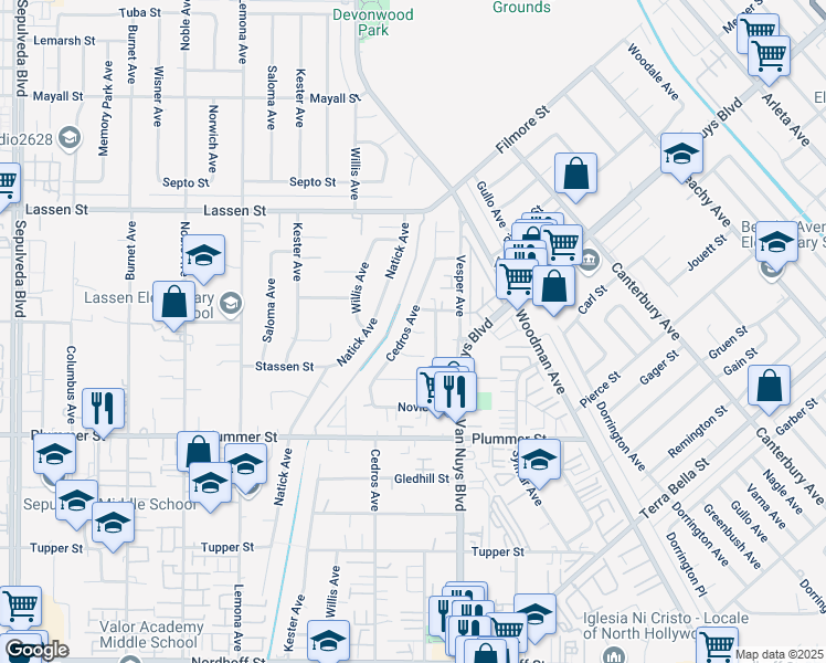 map of restaurants, bars, coffee shops, grocery stores, and more near 14654 Moody Street in Los Angeles