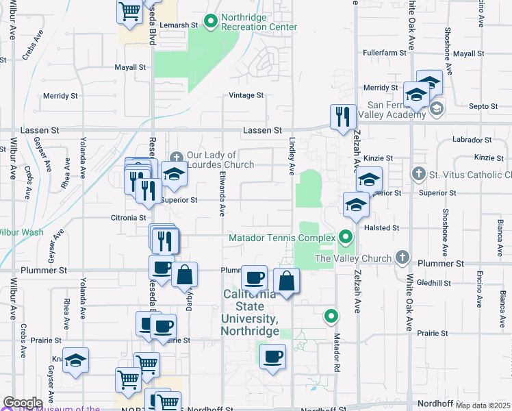 map of restaurants, bars, coffee shops, grocery stores, and more near 18200 Superior Street in Los Angeles