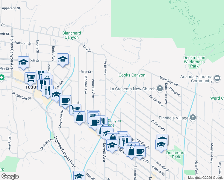 map of restaurants, bars, coffee shops, grocery stores, and more near 3918 Santa Carlotta Street in Glendale