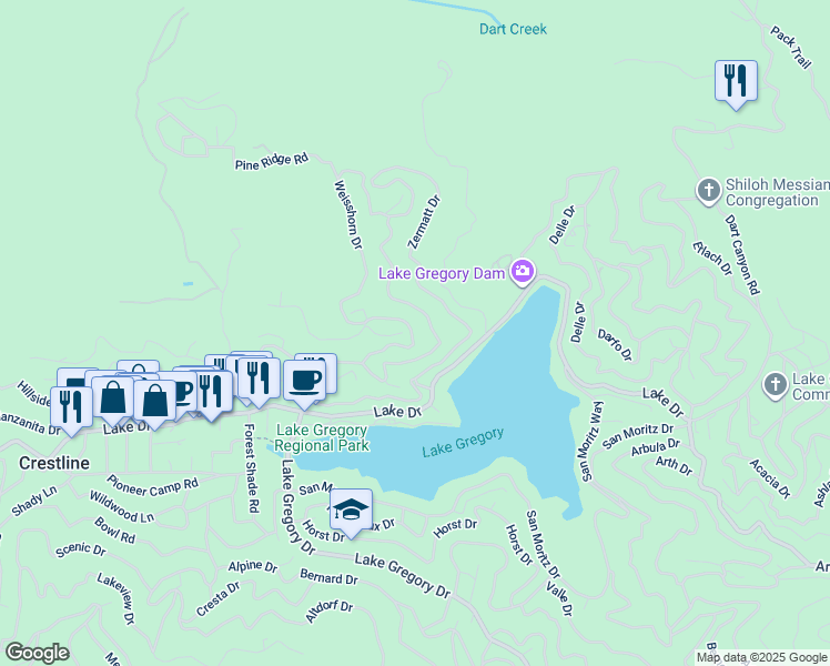 map of restaurants, bars, coffee shops, grocery stores, and more near 24326 Wabern Drive in Crestline