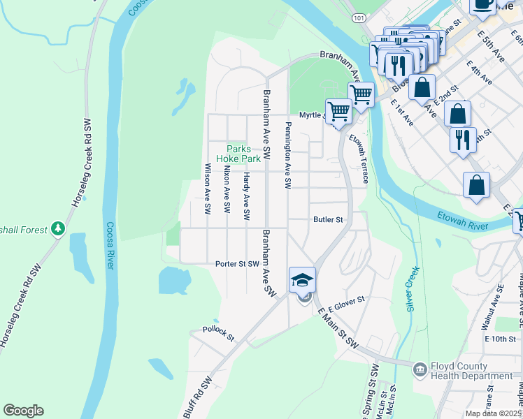 map of restaurants, bars, coffee shops, grocery stores, and more near 420 Branham Avenue Southwest in Rome