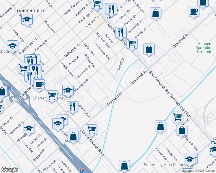 map of restaurants, bars, coffee shops, grocery stores, and more near 9688 Kewen Avenue in Los Angeles