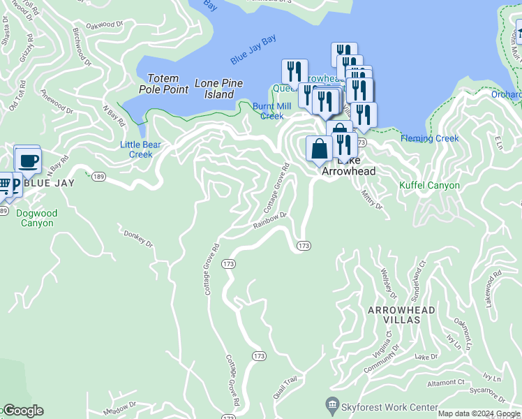 map of restaurants, bars, coffee shops, grocery stores, and more near 400 Cottage Grove Road in Lake Arrowhead