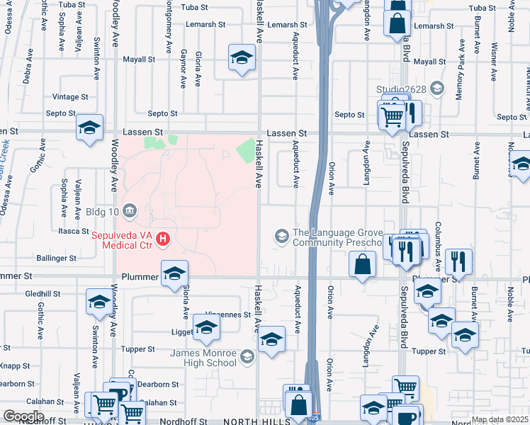map of restaurants, bars, coffee shops, grocery stores, and more near 9658 Haskell Avenue in Los Angeles