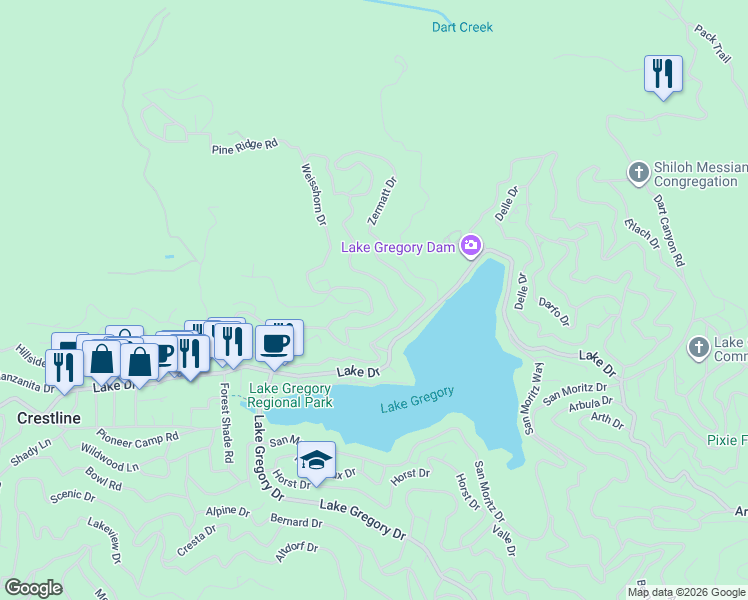 map of restaurants, bars, coffee shops, grocery stores, and more near 24326 Wabern Drive in Crestline