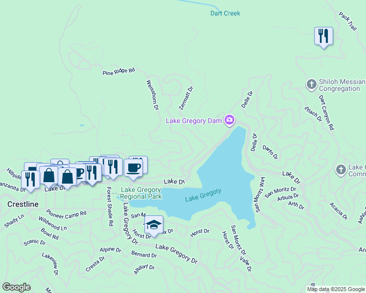 map of restaurants, bars, coffee shops, grocery stores, and more near 24326 Wabern Drive in Crestline