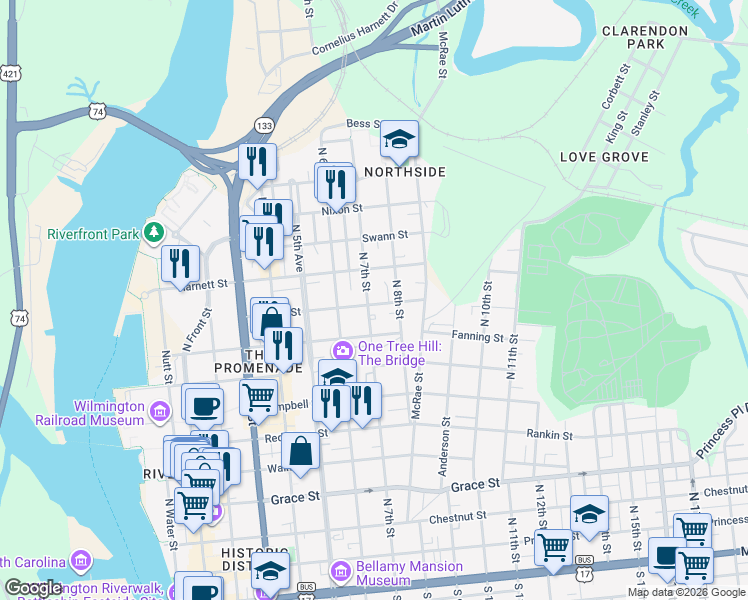 map of restaurants, bars, coffee shops, grocery stores, and more near 703 Bladen Street in Wilmington