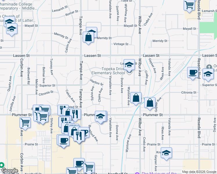 map of restaurants, bars, coffee shops, grocery stores, and more near 9659 Vanalden Avenue in Los Angeles