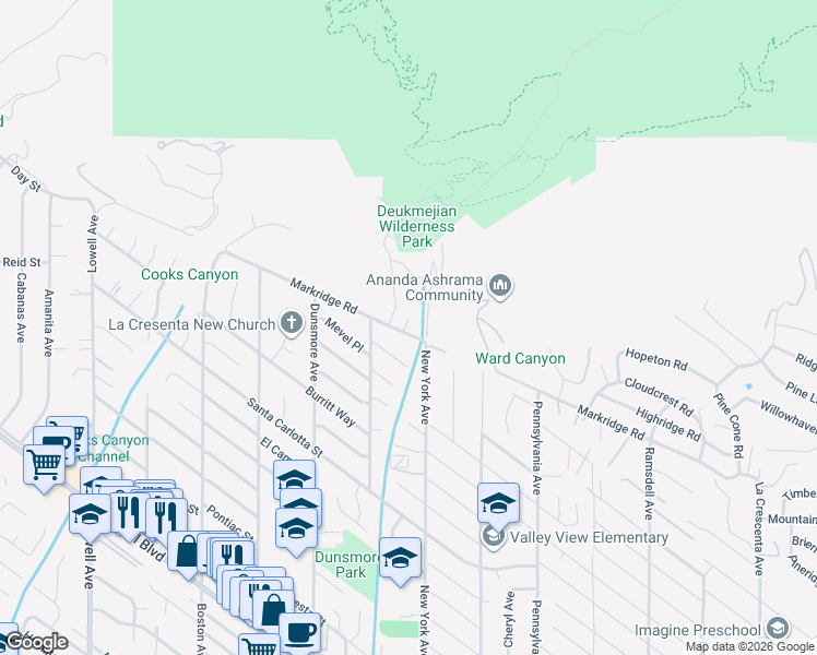 map of restaurants, bars, coffee shops, grocery stores, and more near 3411 Markridge Road in Glendale